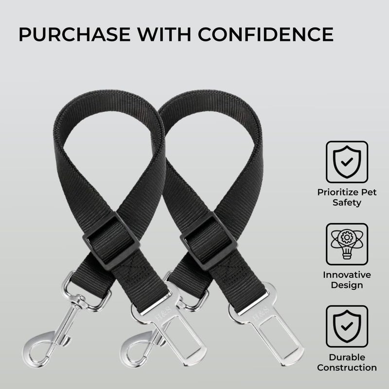 H&S Dog Seat Belt for Car Traveling - Adjustable Nylon Seat Belt for Dogs with Steel Buckles - 2pcs - Black Lead Restraint Harness with Attachment Clip for Dog's Safety - Image 3